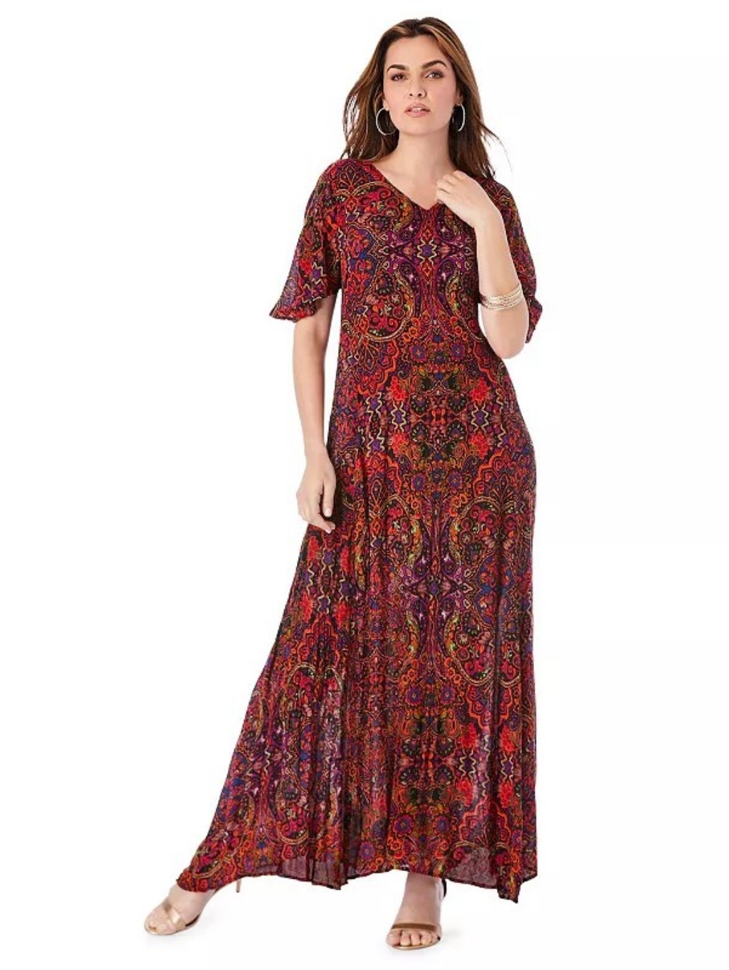 Roaman's Boho Paisley V-Neck Maxi Dress - Red Multi - Size 1x , 22/24
